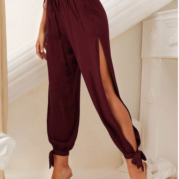 NWOT SHEIN High Split Side Knot Hem Pants Size M Maroon Color - Picture 11 of 11
